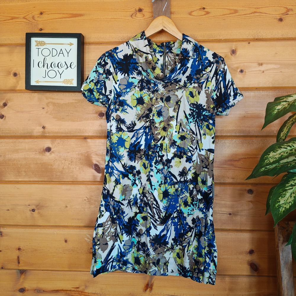 Collins Abstract Floral Linen Blend Cowl Neck Shift Dress Tropical Prep Sz‎ 38/6